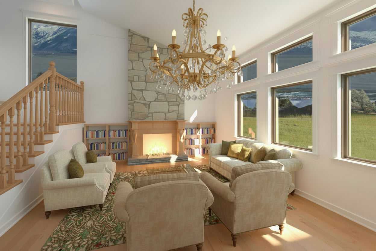 Living room with large windows and chandelier