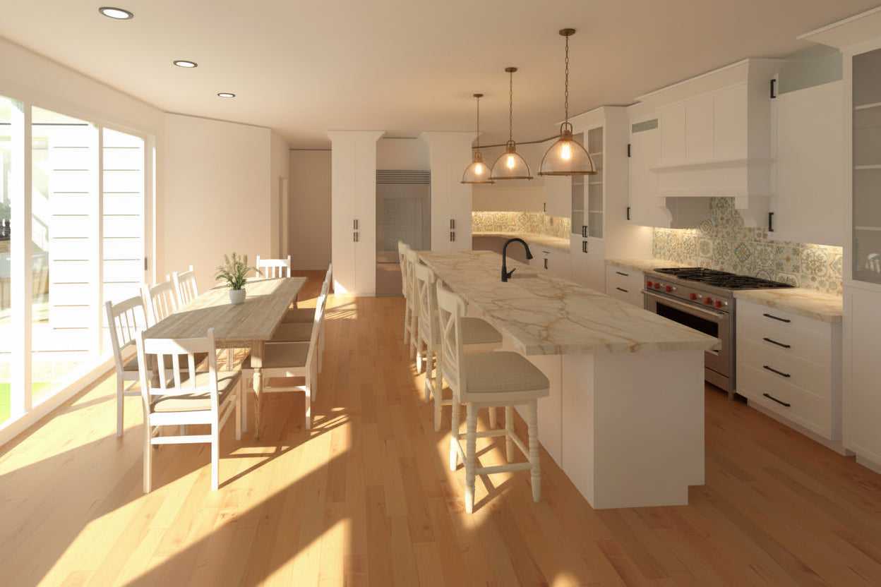 Interior kitchen with island and dining area