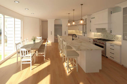 Interior kitchen with island and dining area