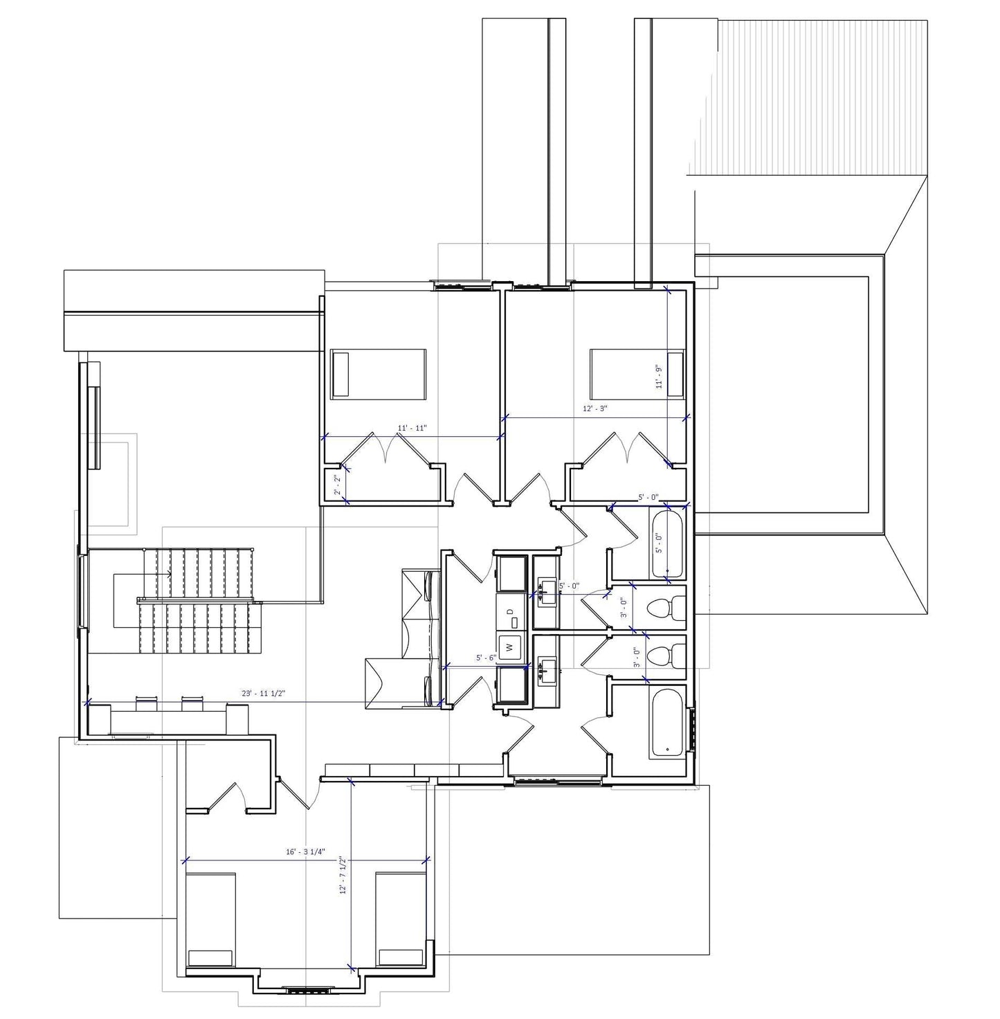 Second-floor bedroom layout with multiple rooms