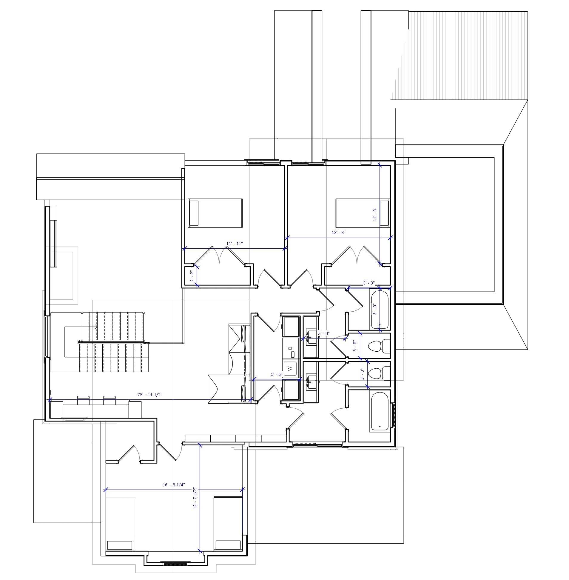 Second-floor bedroom layout with multiple rooms
