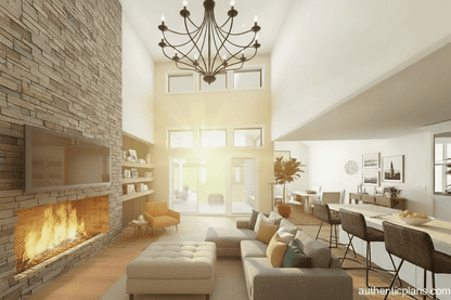 Modern living room with stone fireplace, chandelier, and dining area. Design by Authentic Homes in Utah.