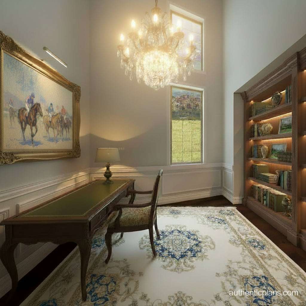 Stately room with a chandelier, desk, chair, and bookshelf. Design by Authentic Homes in Utah.
