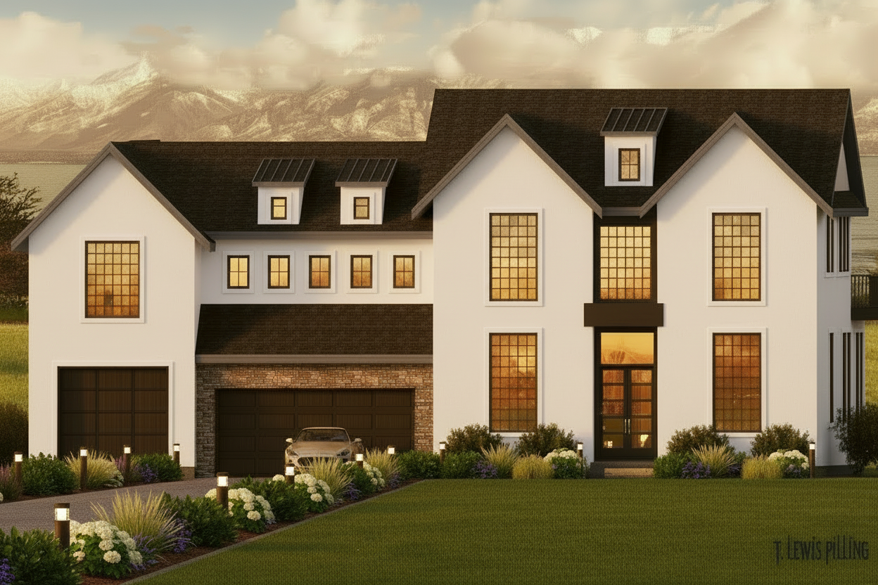 European home with white stucoo and dormers designed and drafted by Authentic Plans in Utah.