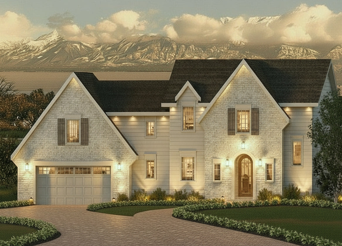 House plan exterior designed by Authentic Homes in Utah. Features European cottage styling with stucco and stone. Dormer, steep gables, and arched door add charm to this home in Pleasant Grove, Utah.