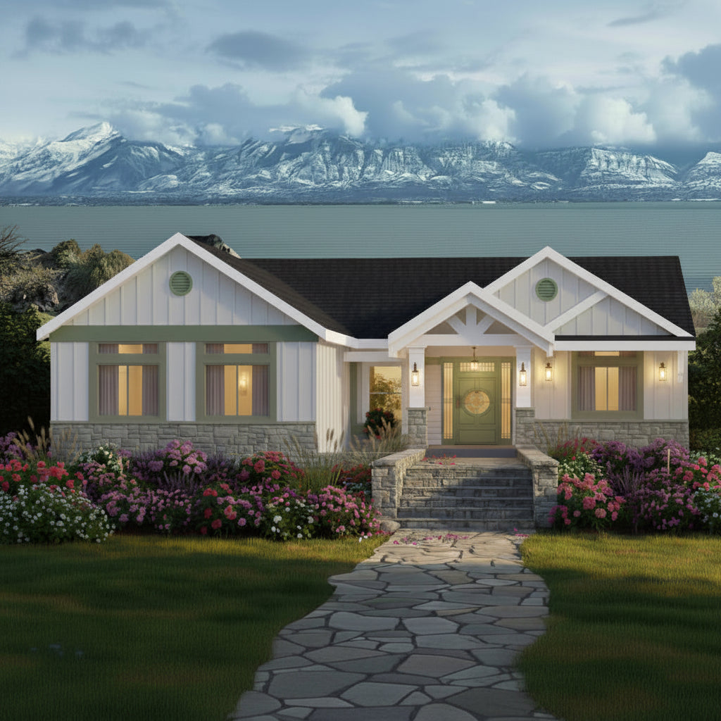 House with a scenic mountain view and a stone pathway leading to the entrance. Remodel addition in Saratoga Springs Utah