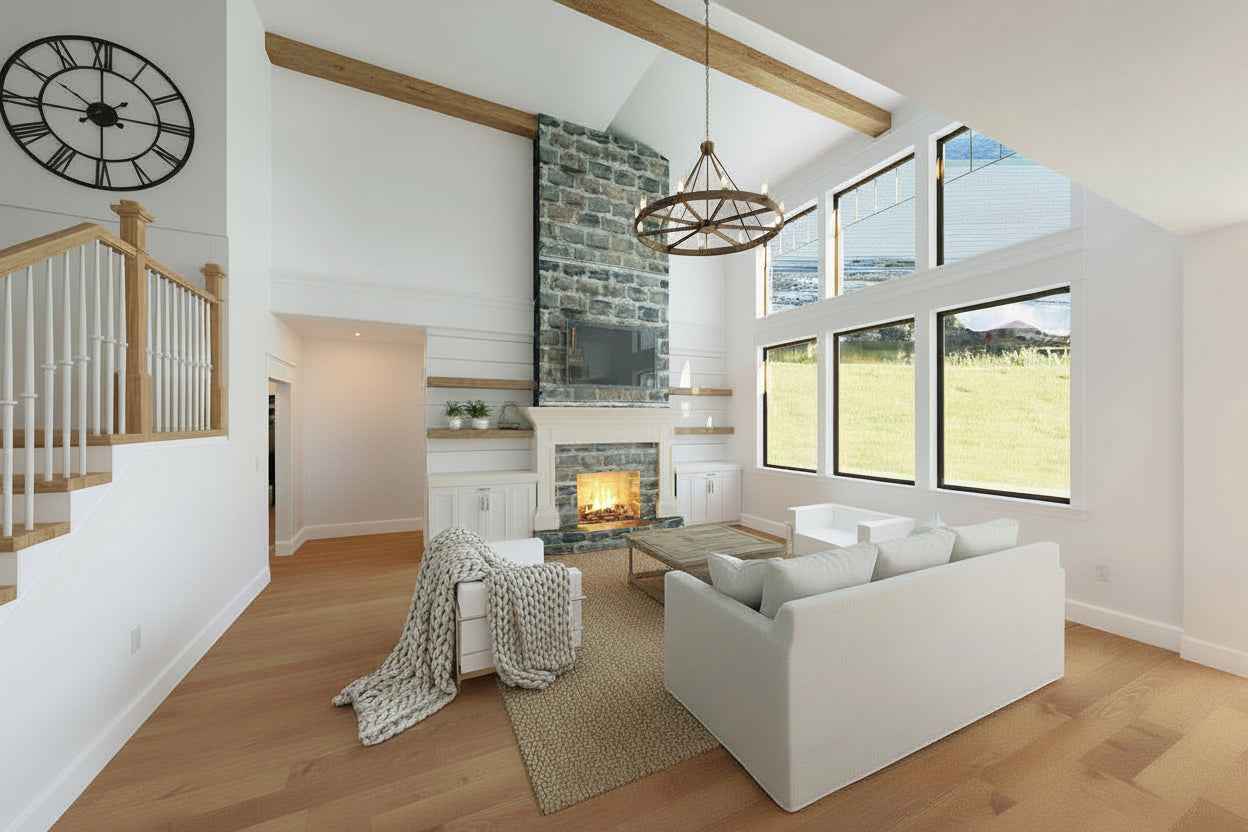 Living room with fireplace and large windows in farmhouse interior