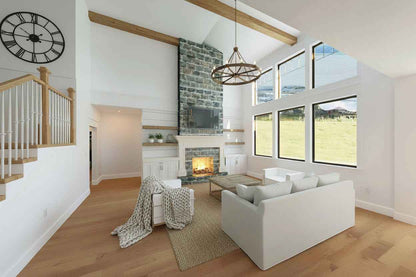 Living room with fireplace and large windows in farmhouse interior