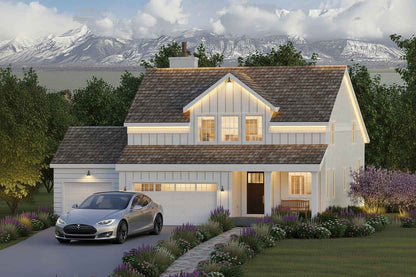Farmhouse exterior with vaulted ceilings and mountain backdrop