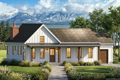 A 3D architectural rendering of a modern single-story house with white siding, a dark gray shingled roof, and a brown garage door, set against a backdrop of a lake, mountains, and a blue sky with clouds.