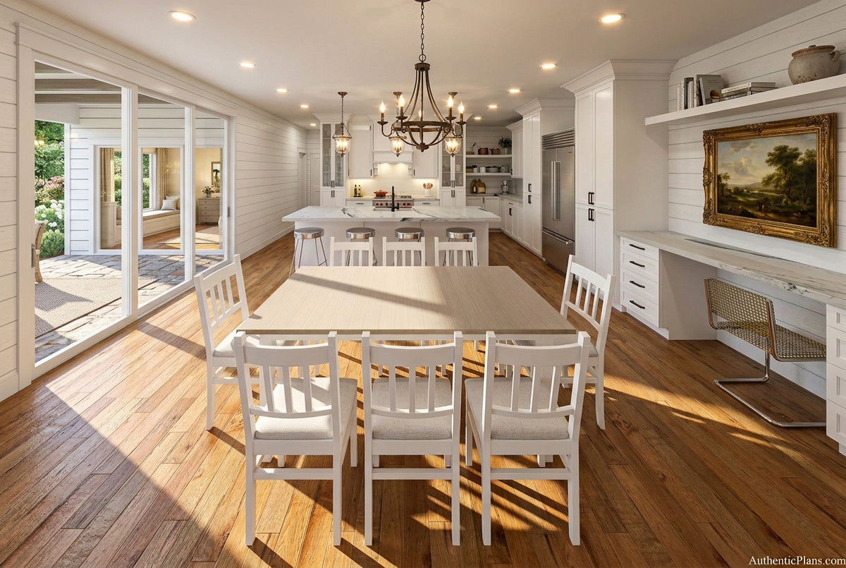 A modern dining room setup featuring a rectangular light wood dining table surrounded by six white wooden chairs, set in a bright, contemporary open-plan kitchen and dining space with light wood floors.