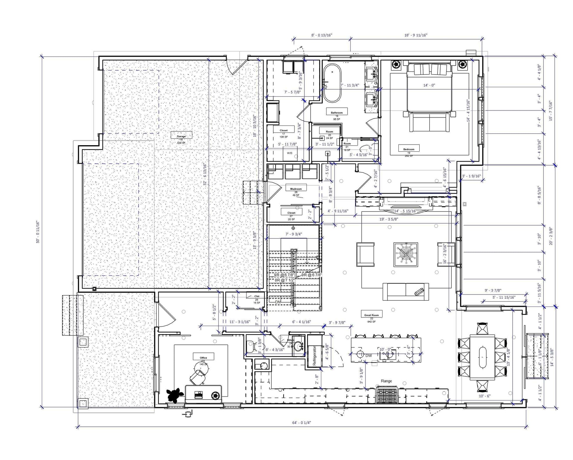 Floor plan of farmhouse with multiple bedrooms and open living spaces
