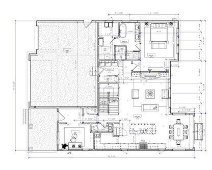 Floor plan of farmhouse with multiple bedrooms and open living spaces
