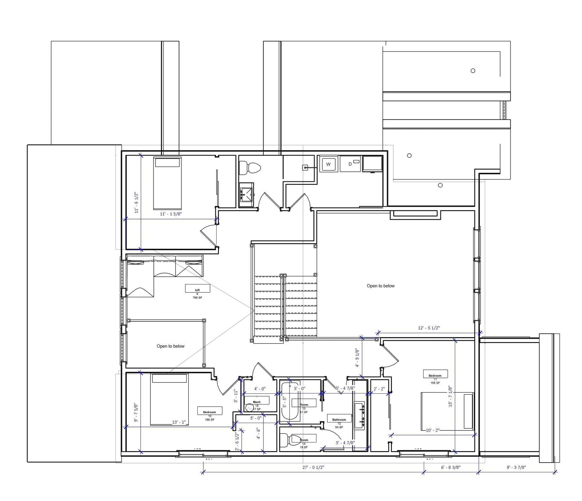 Upper level floor plan with loft and bedrooms in farmhouse design