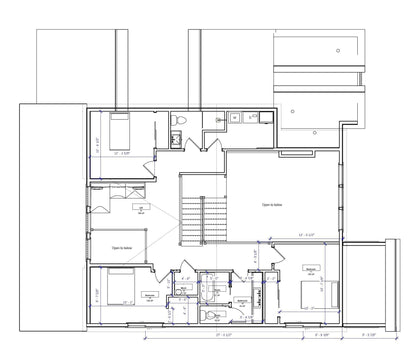Upper level floor plan with loft and bedrooms in farmhouse design