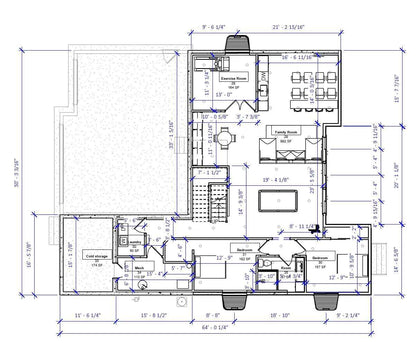 Lower level floor plan with kitchen, dining, and family room in farmhouse
