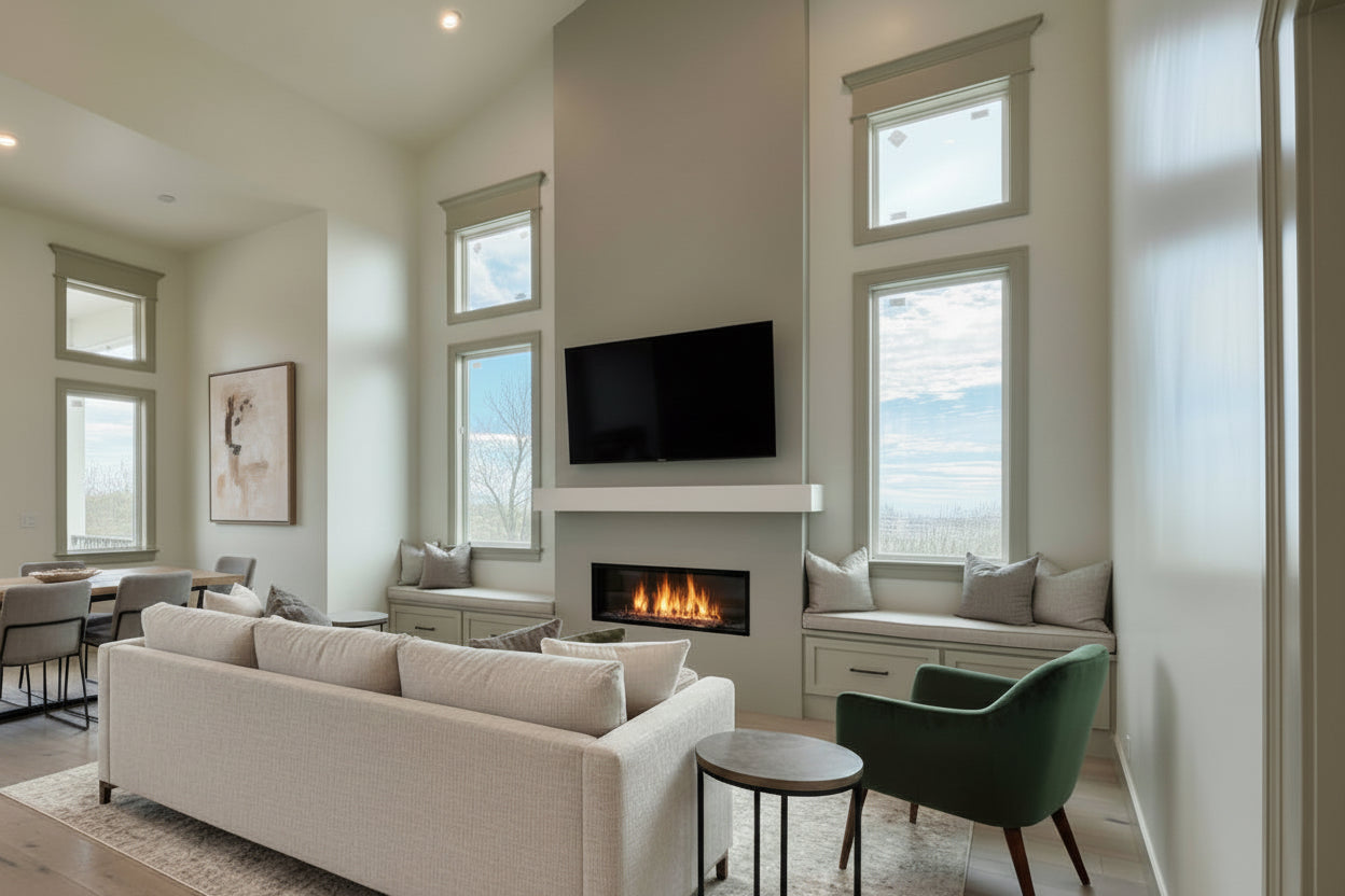 Modern living room with white sofa, green chair, and fireplace. Designed by authentic plans, built in Pleasant Grove, Utah by Authentic Homes