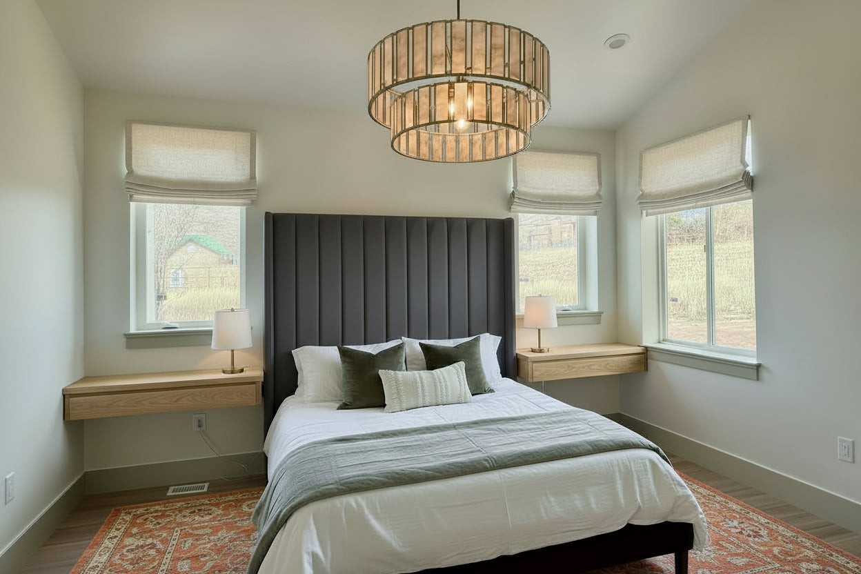 Modern bedroom with a bed, nightstands, and decorative elements. Designed by authentic plans, built in Pleasant Grove, Utah by Authentic Homes