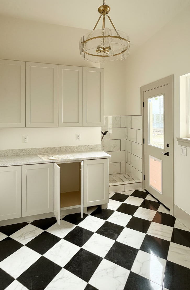 Mudroom with dog wash station and checkered tile floor. Designed by authentic plans, built in Pleasant Grove, Utah by Authentic Homes