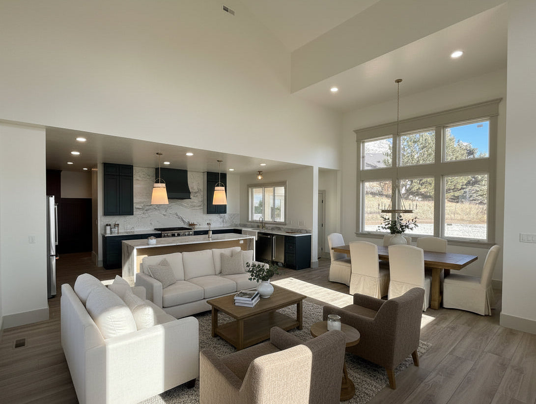 Modern living room with white sofa, brown chairs, and large windows. Designed by authentic plans, built in Pleasant Grove, Utah by Authentic Homes