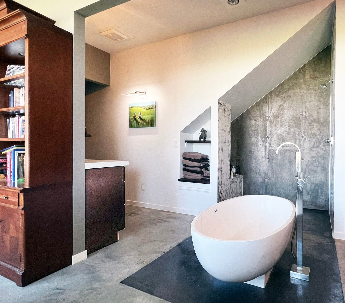 Modern home in Saratoga Springs, Utah. House plan by Authentic Homes Custom Home Builder design/build in Utah. Concrete shower, Greg Pilling General Contractor.