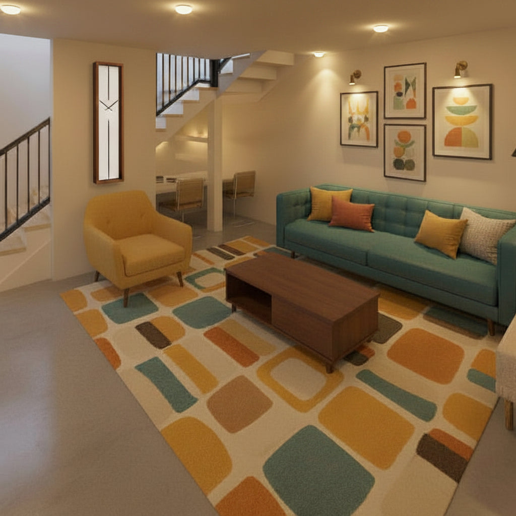 Living room with teal sofa, yellow armchair, and colorful rug. Remodel addition in Orem Utah