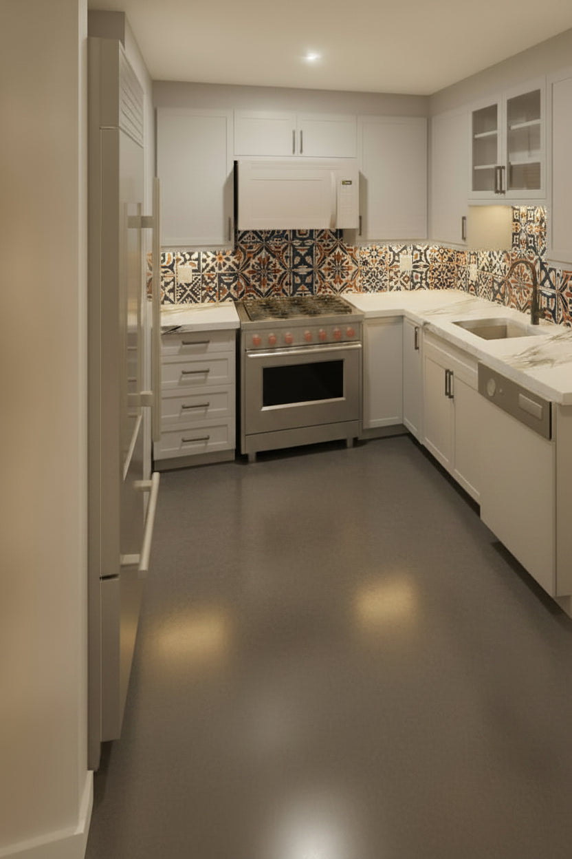 Modern kitchenette with white cabinets, stainless steel appliances, and patterned backsplash. Remodel addition in Orem Utah