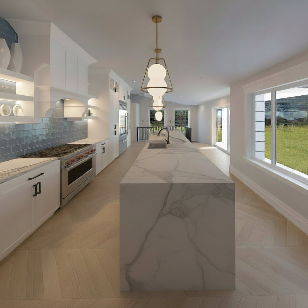 Modern kitchen with marble island and large windows. Remodel addition in Murray Utah