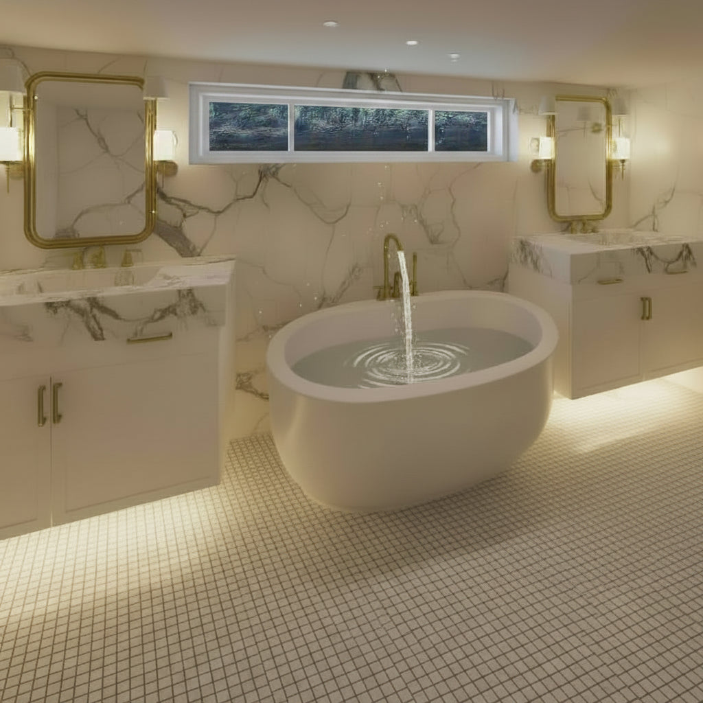 Modern bathroom with a freestanding bathtub, marble walls, and gold fixtures. Remodel addition in Orem Utah