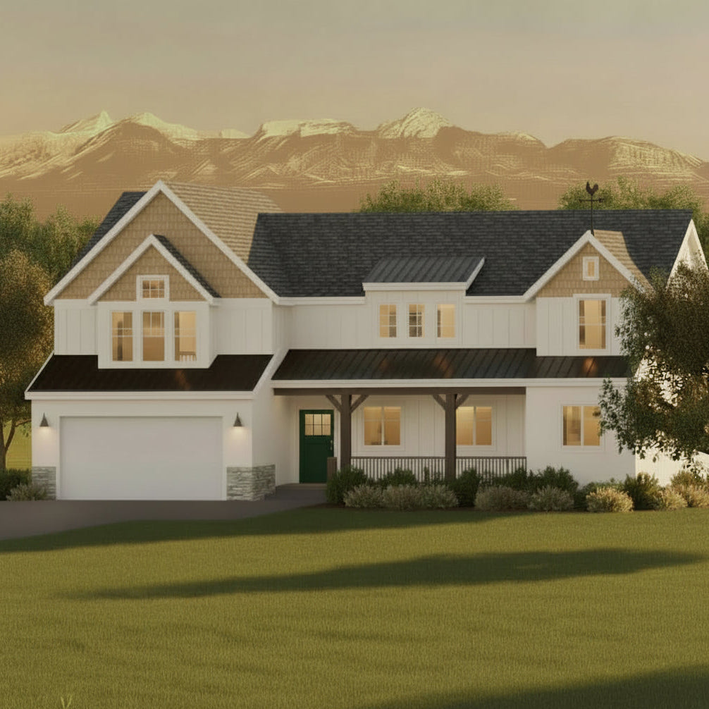 White house with a green door on a grassy lawn with mountains in the background. Remodel addition in Orem Utah