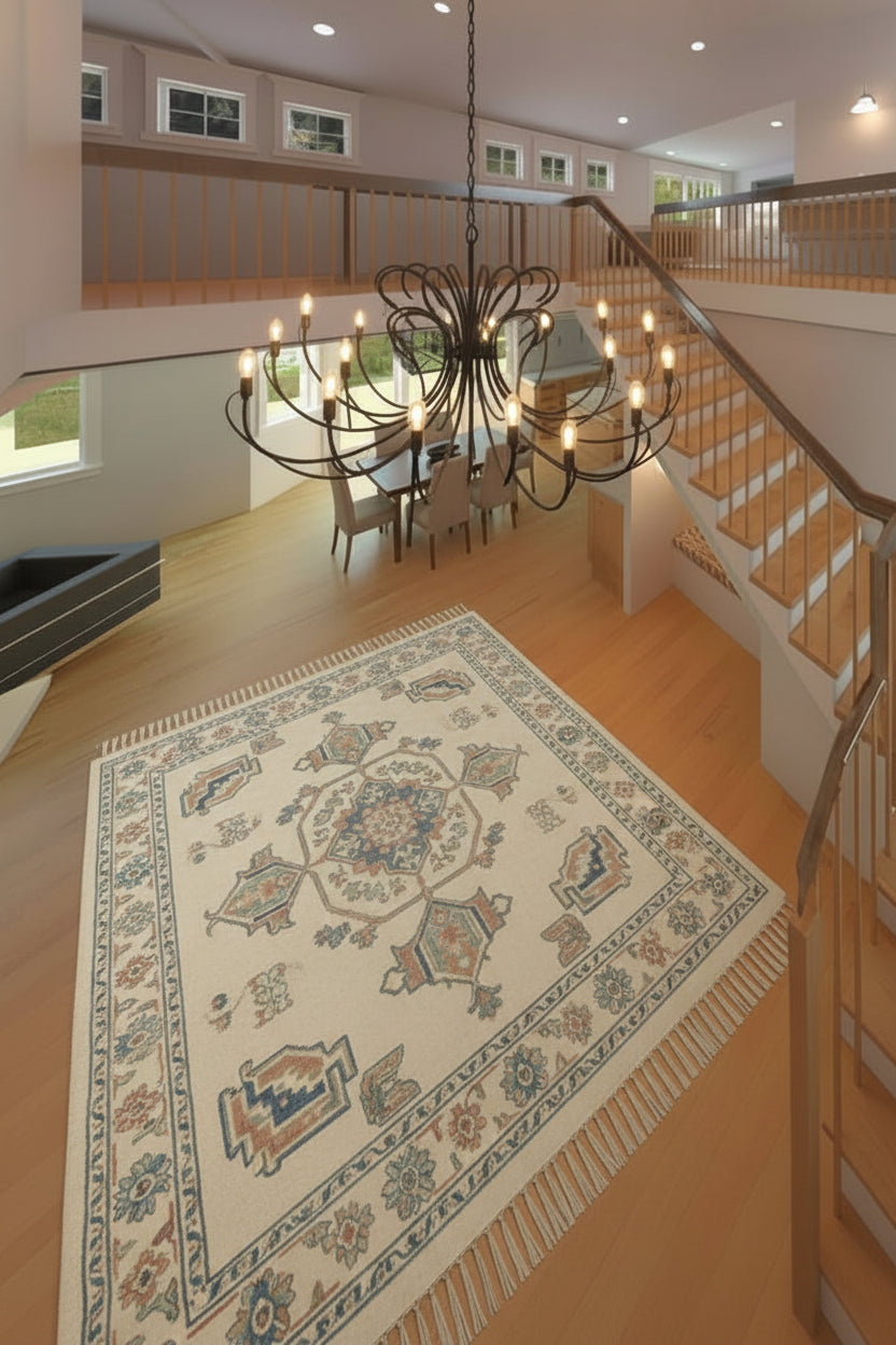 Decorative rug with intricate patterns in a home setting with a chandelier and staircase. Remodel addition in Orem Utah