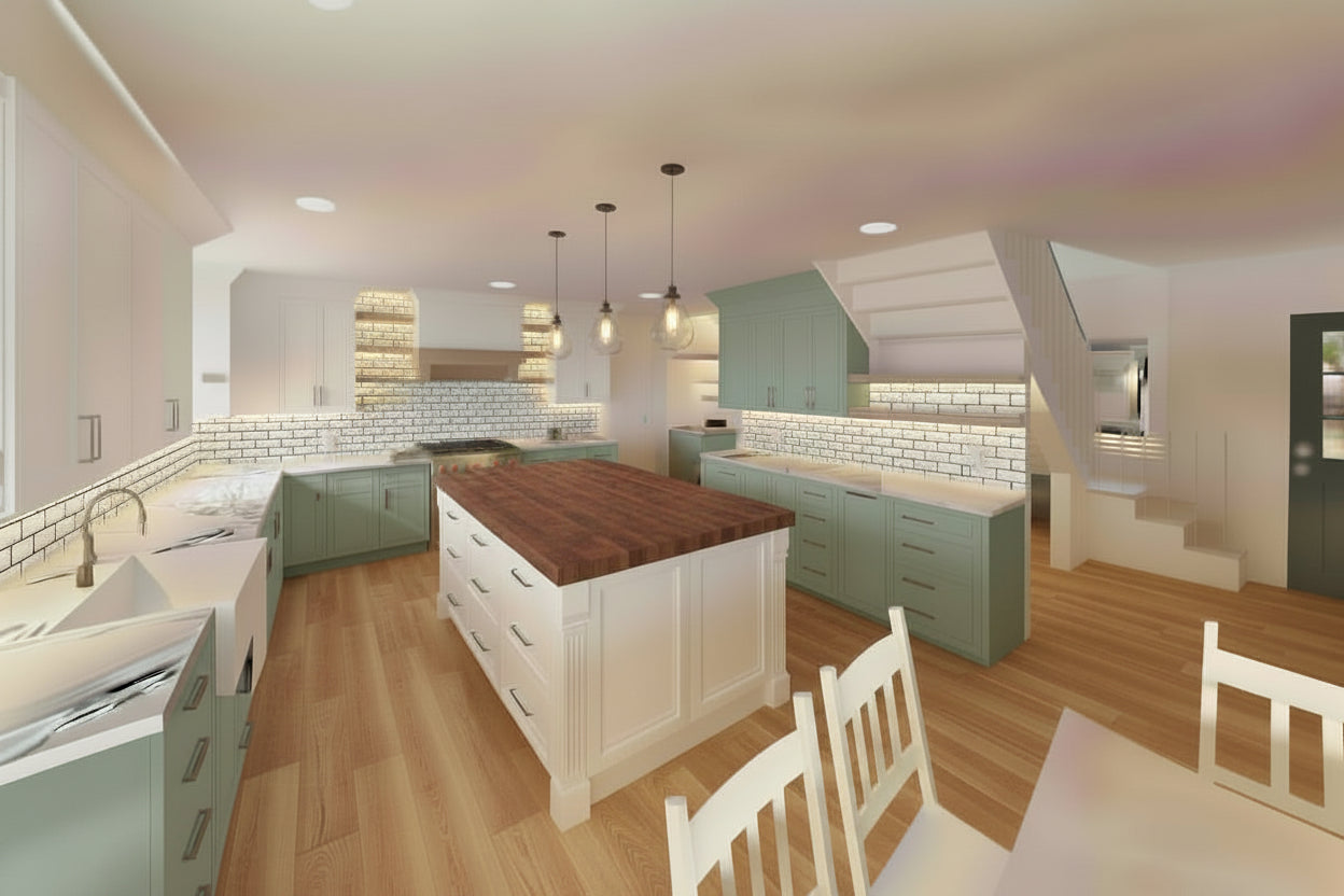 Modern kitchen with wooden island and white cabinets. Remodel addition in Orem Utah