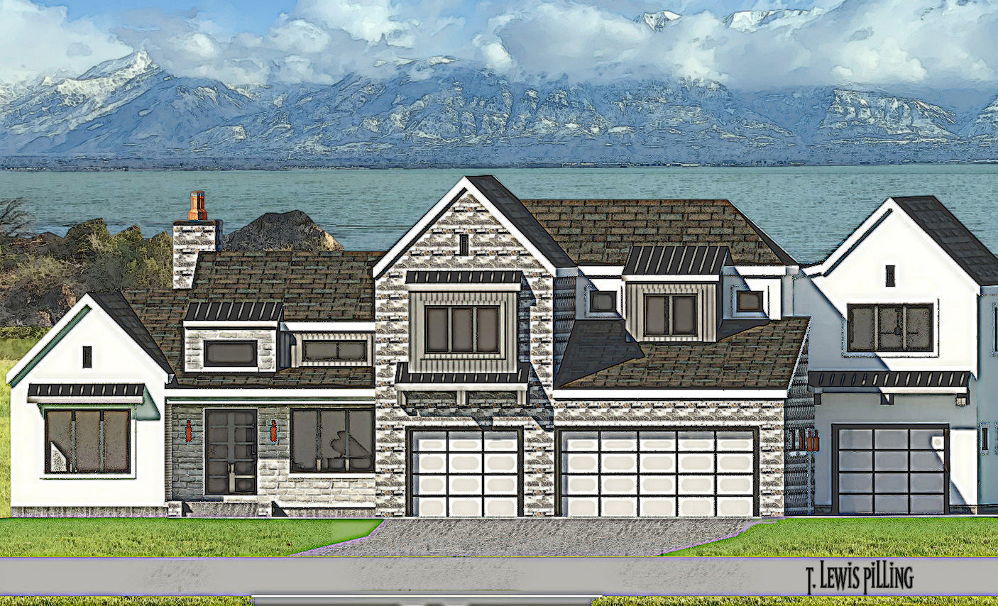 House plan exterior, design by Authentic Homes in Utah. Modern cottage styling with stucco and stone. Steep gables and shed dormers. Apartment.