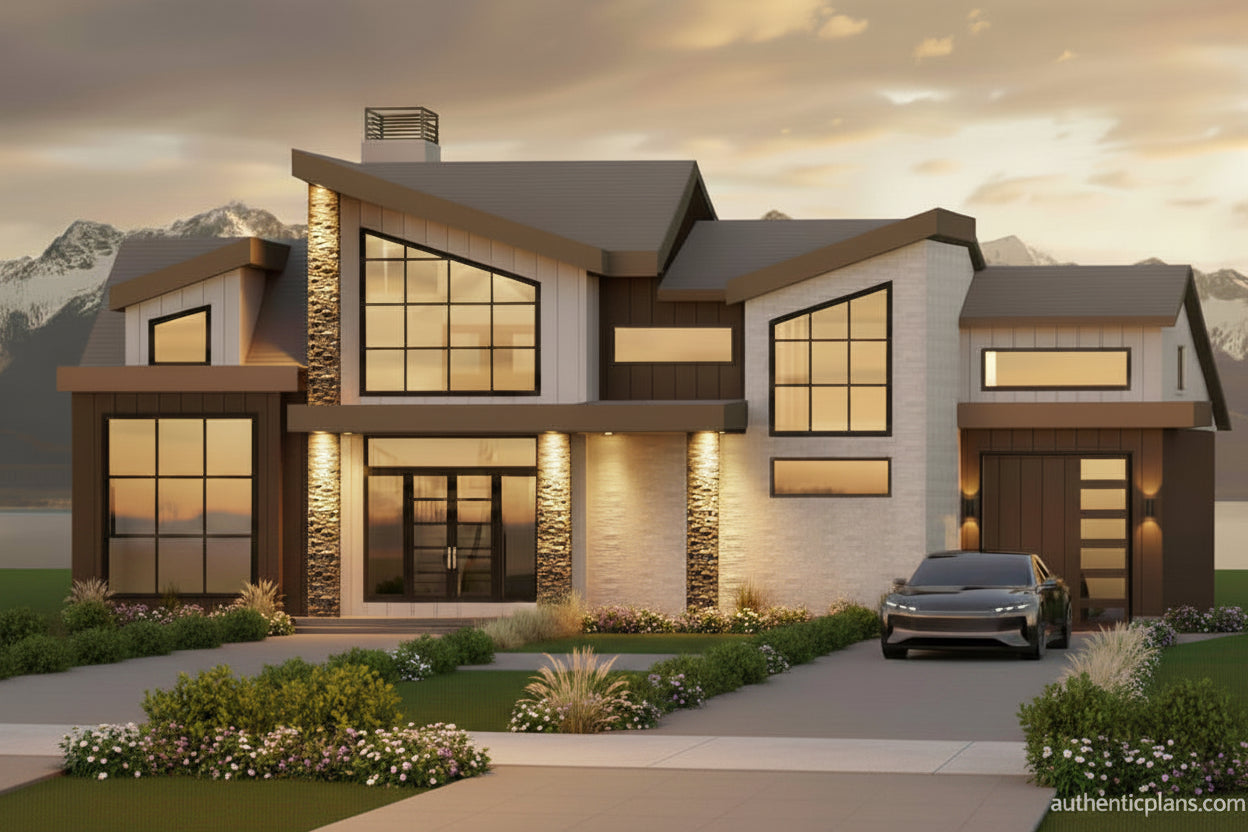 Modern house with large windows and brick columns. Design by Authentic Homes in Utah. Optional RV garage