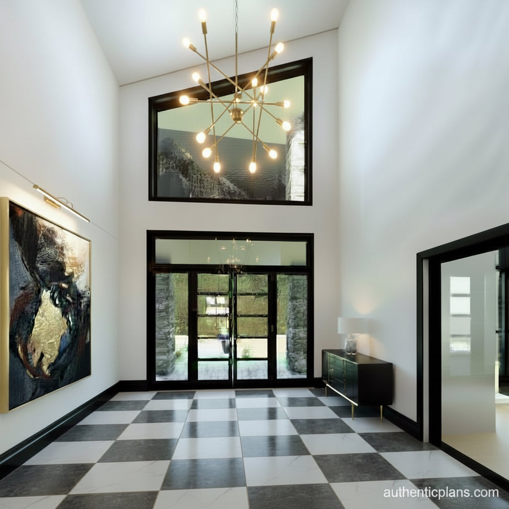 Impressive entry with large angled window and black-and-white checkered flooring. Design by Authentic Homes in Utah.