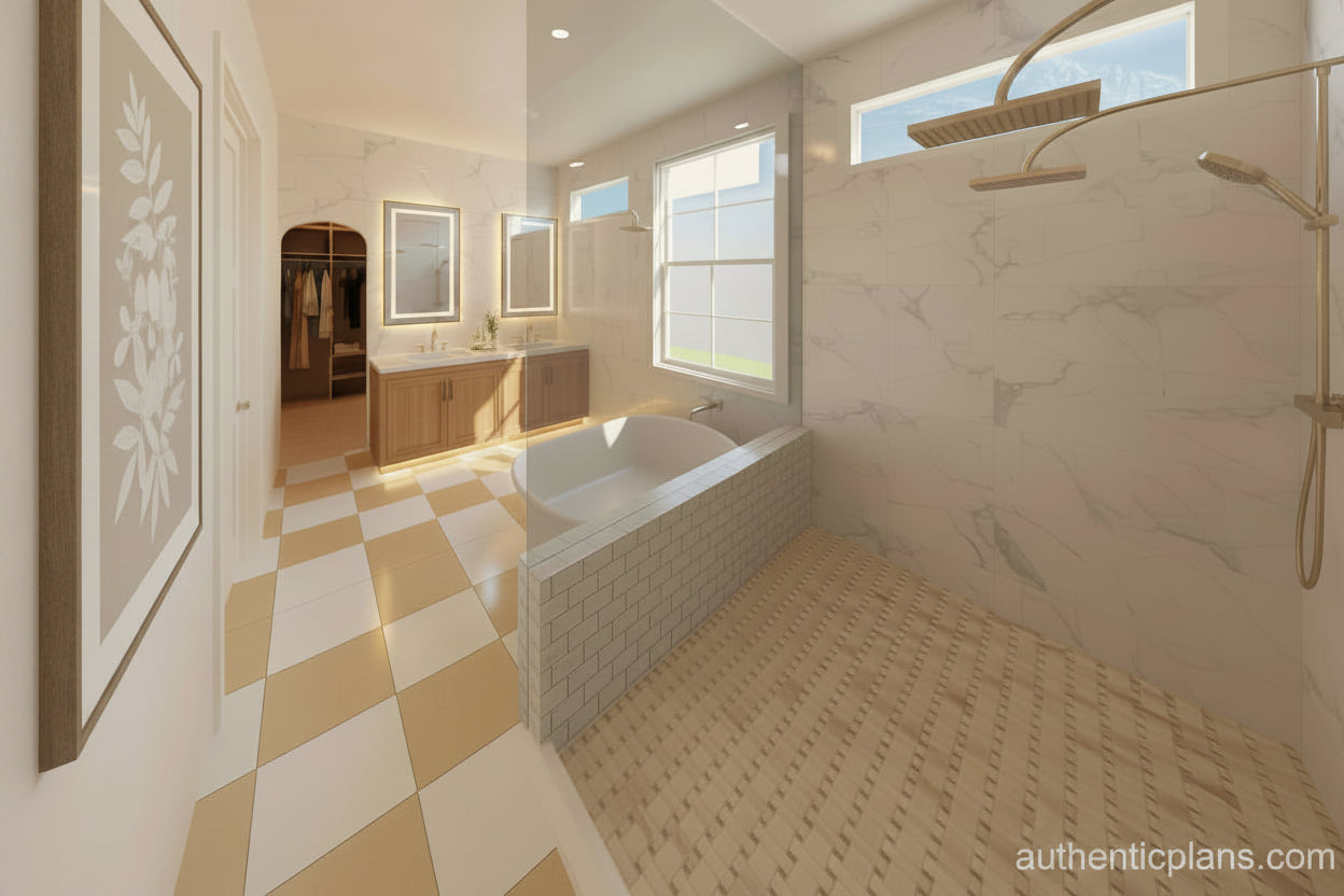 Serene bathroom with tan and white checkered flooring. Design by Authentic Homes in Utah.