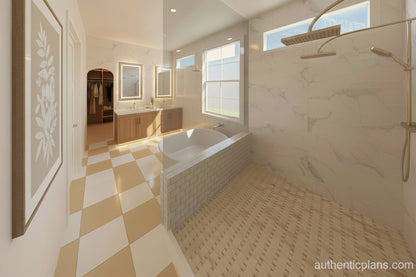 Serene bathroom with tan and white checkered flooring. Design by Authentic Homes in Utah.