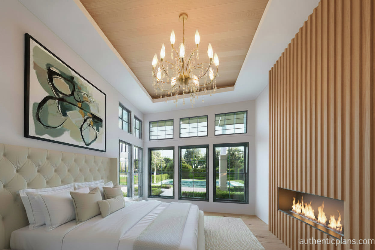 Bedroom with an upholstered headboard, Wood slat fireplace feature, and coffered ceiling. Design by Authentic Homes in Utah.