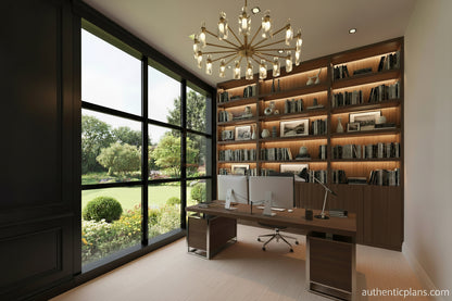 Wood paneled office with library wall and large windows. Design by Authentic Homes in Utah.