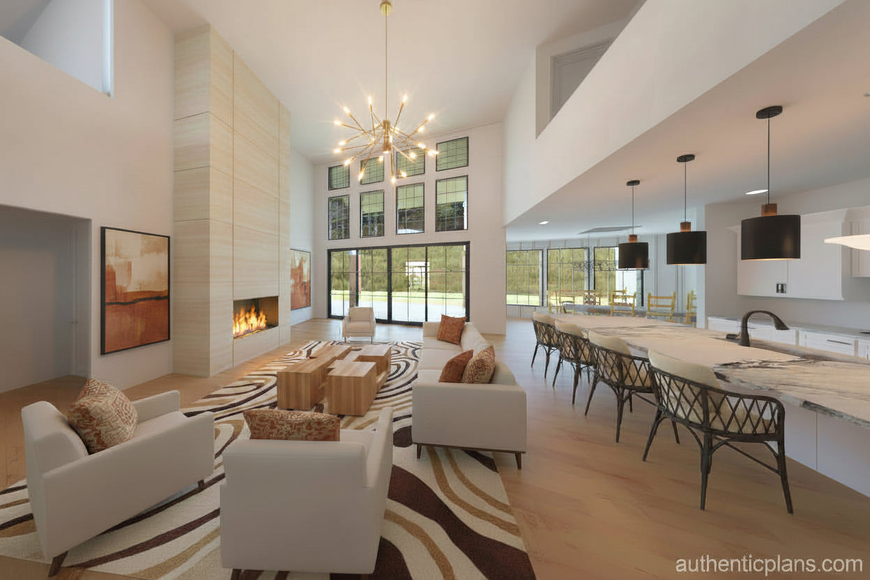 Modern living room with white furniture, fireplace, and kitchen in the background. Design by Authentic Homes in Utah.