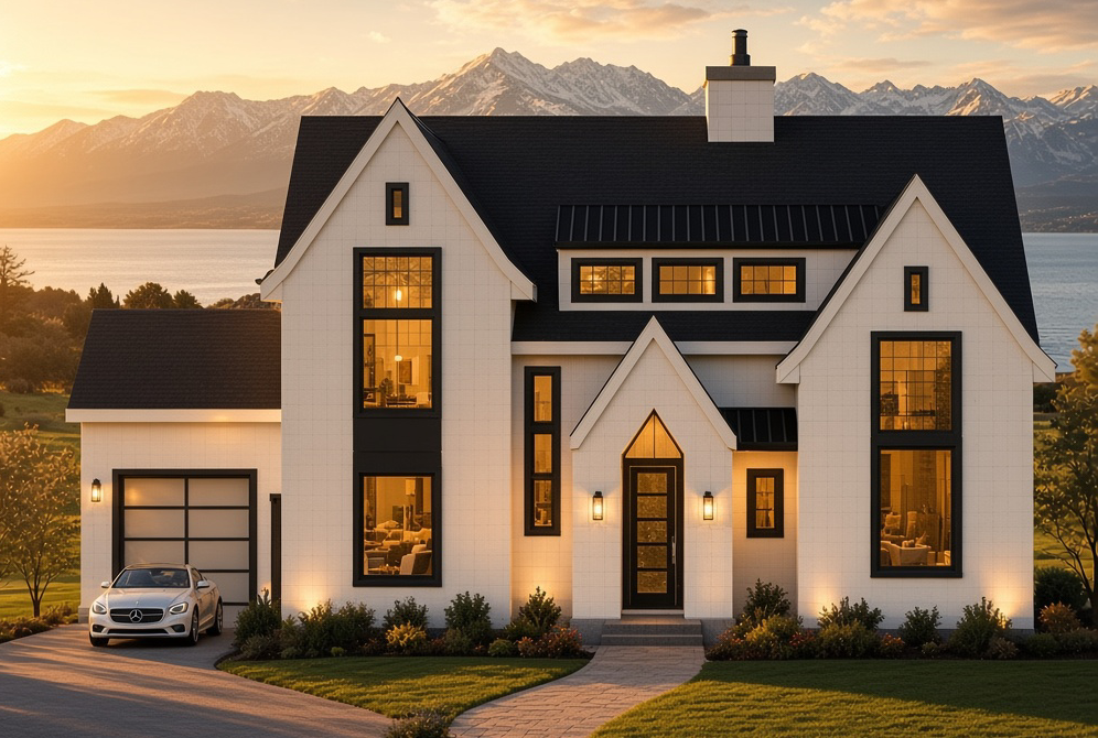 A modern two-story house with white siding, black roofs, and large windows, set against a scenic mountain and lake background at sunset. A white car is parked in the driveway on the left.