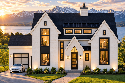 A modern two-story house with white siding, black roofs, and large windows, set against a scenic mountain and lake background at sunset. A white car is parked in the driveway on the left.