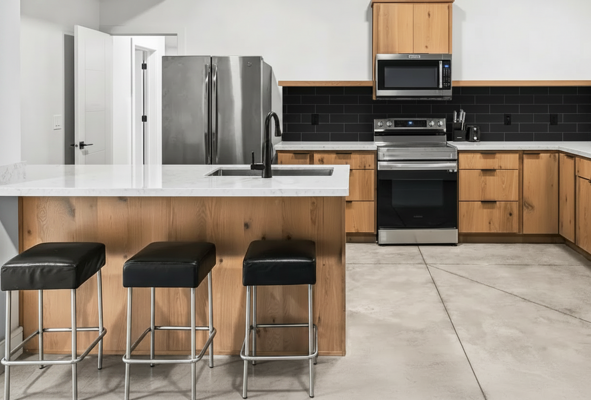 Modern No.10 house plan kitchen with European-style wood cabinetry, stainless steel appliances, and large island by Authentic Homes builder in Utah.