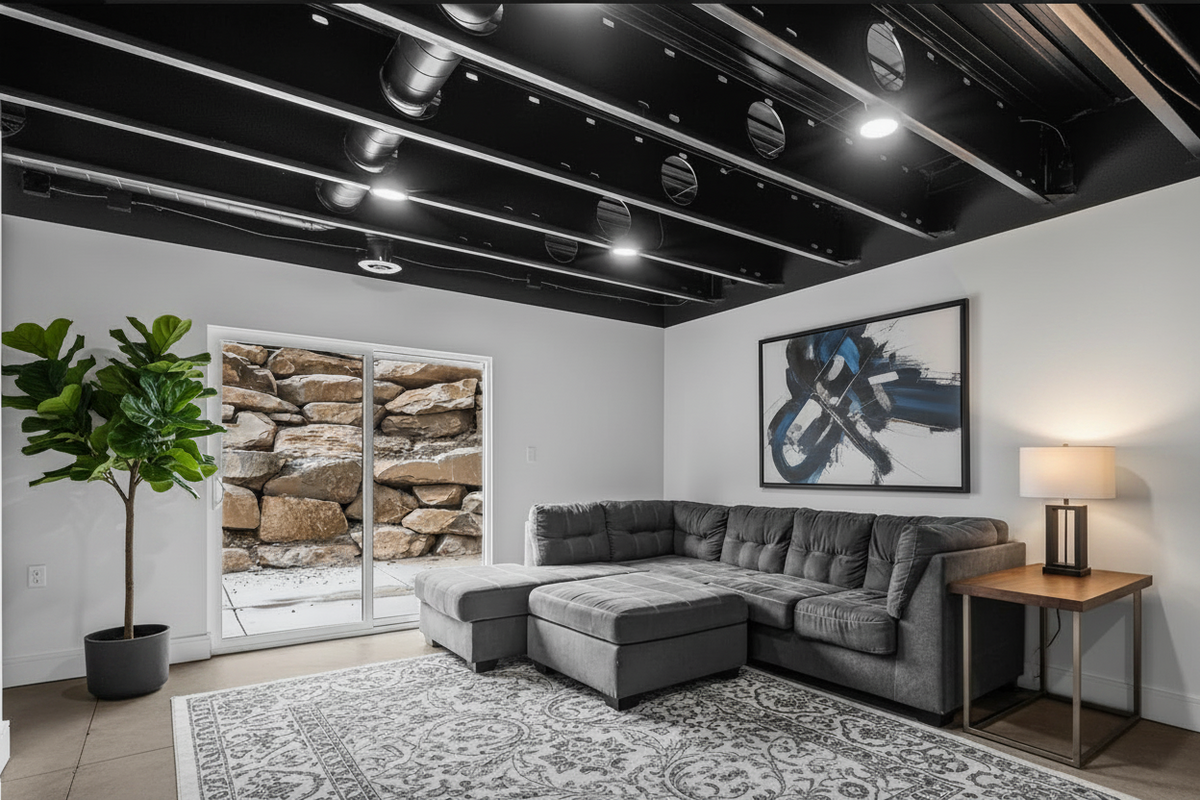Modern No.10 house plan basement apartment with exposed black ceiling beams, gray sectional sofa, and sliding glass door to rock retaining wall.