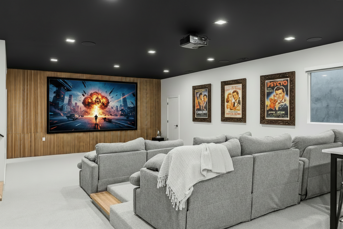 Modern No.10 house plan basement home theater with tiered gray sectional seating, wood slat accent wall, and ceiling-mounted projector.