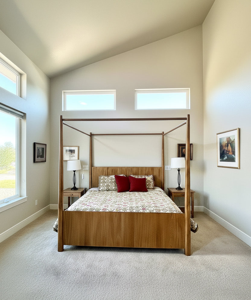 Modern No.11 house plan bedroom with vaulted ceiling, canopy bed, and natural light from clerestory windows. Authentic Homes builder in Utah.