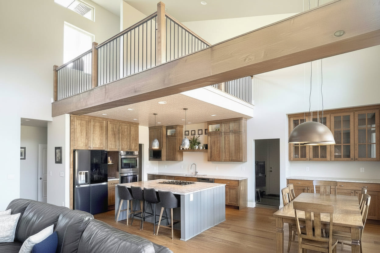 Modern No.11 house plan kitchen with vaulted ceiling, island seating, and upper loft by Authentic Homes builder in Utah