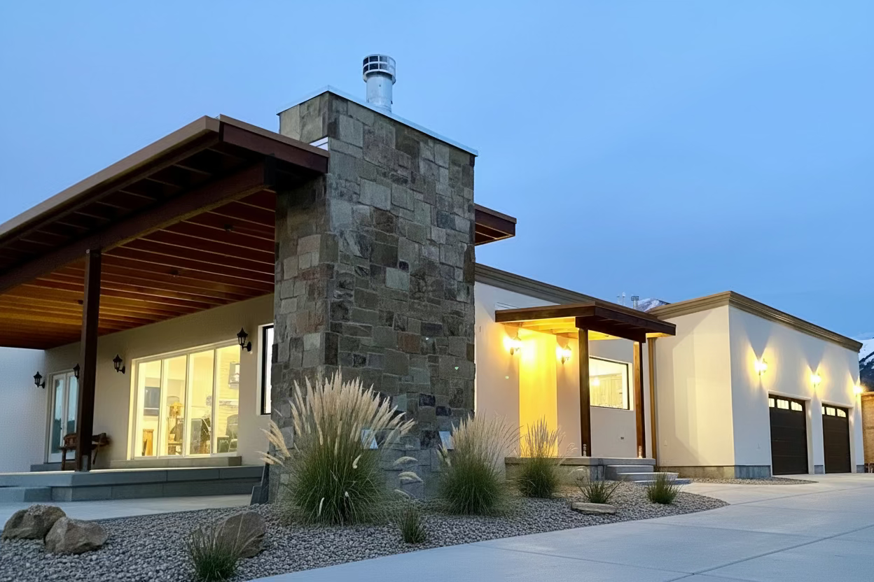 White stucco and stone modern house plan built in Toele Utah. Design by Tanya Pilling of AuthenticHomes