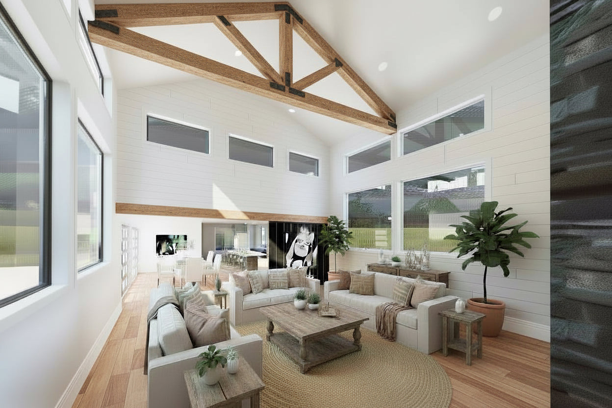 Spacious living room with high vaulted ceiling, exposed wooden beams, large windows, white walls, and cozy beige sofas with plants