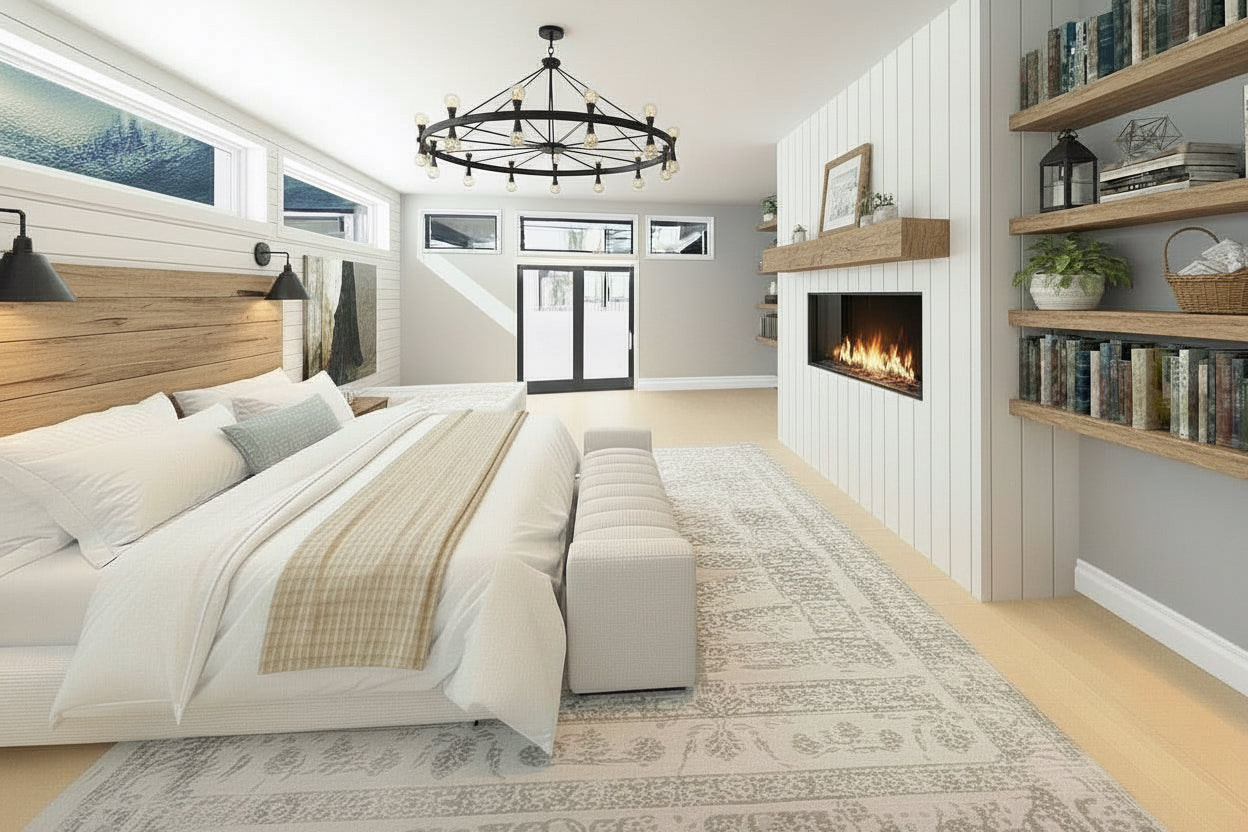 Modern bedroom with white bedding, wooden headboard, black wall sconces, and a cozy fireplace on a white shiplap wall, natural light